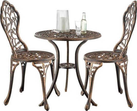 tectake® 2-Persoons Bistroset - Vintage Bistrotafel met 2 Bistrostoeltjes - Aluminium Bistro Set voor Tuin, Terras of Balkon - Weerbestendig - Bronskleurig