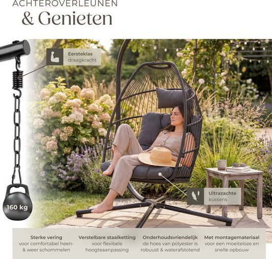 tectake® Luxe Hangstoel - Opvouwbare en draaibare Egg Chair met Standaard - Dikke Kussens - Antislipvoeten - Inclusief Beschermhoes - Ideaal voor Tuin, Terras en Slaapkamer - Donkergrijs