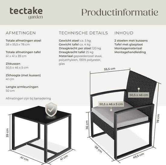 tectake® Tuinset Granada - Voor 2 Personen - 2 Loungestoelen met Bijzettafel - Wicker Zitgroep met Tuinstoelen en Tafel - Balkonmeubelset - Gestoffeerde Weerbestendige Stoelen inclusief Buitentuintafel - Zwart