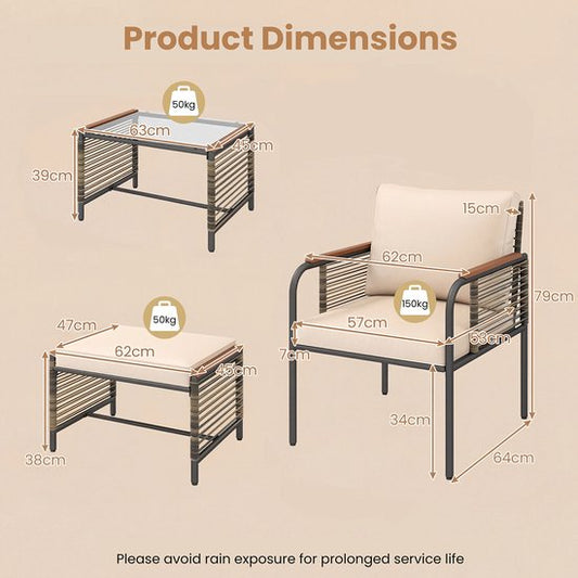KOMFOTTEU 5-delig Tuinmeubelset voor buiten, met kussens, tuinmeubelen van rotan met 1 salontafel van gehard glas, 2 stoelen en 2 voetenbankjes, voor balkon, terras, patio