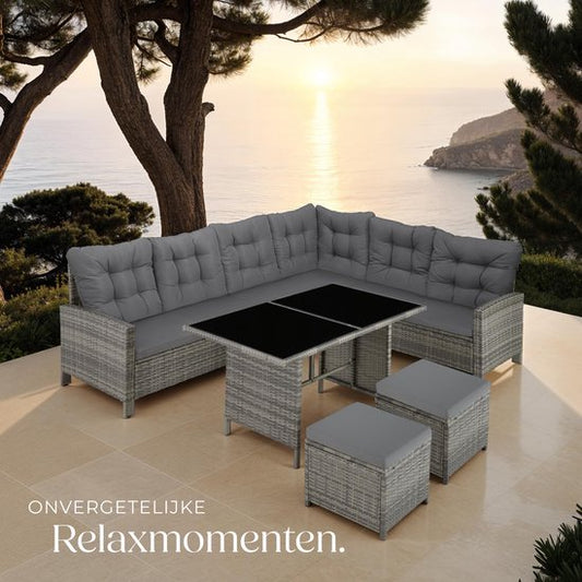 tectake® Loungeset Barletta - 6 tot 8 Personen - Modulaire Tuinset met Loungebank, Kruk en Tuintafel - Tuinmeubels - Balkonmeubel - 5-delige Zitgroep - Inclusief Kussens - Ideaal voor Tuin, Terras en Balkon - Beige met Grijze Kussens