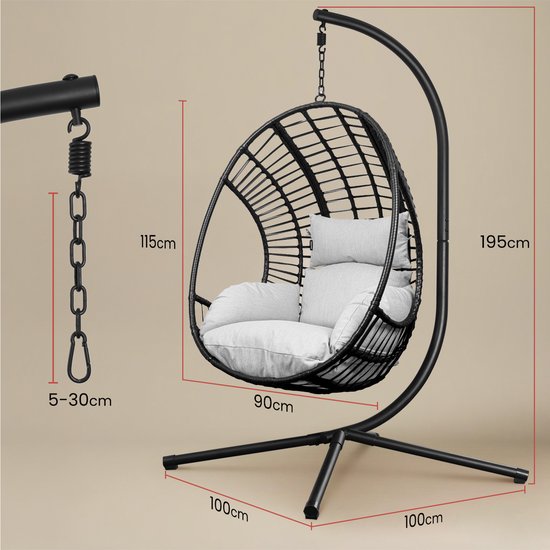 Swoods XXL Egg Hangstoel – Hangstoel met standaard – Egg Chair – tot 150kg – Lichtgrijs