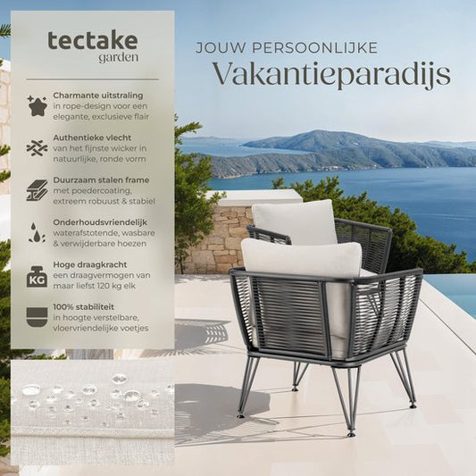 tectake® Loungestoelen Sundo - 4 Fauteuils voor Tuinset, Balkonset of Terras - Wicker Tuinstoelen Set in Rope-Design - Weerbestendig - Inclusief Kussens - Loungestoel Buiten - Loungeset Tuinmeubels