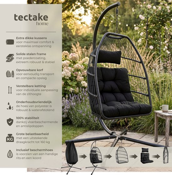 tectake® Luxe Hangstoel - Opvouwbare en draaibare Egg Chair met Standaard - Dikke Kussens - Antislipvoeten - Inclusief Beschermhoes - Ideaal voor Tuin, Terras en Slaapkamer - Zwart
