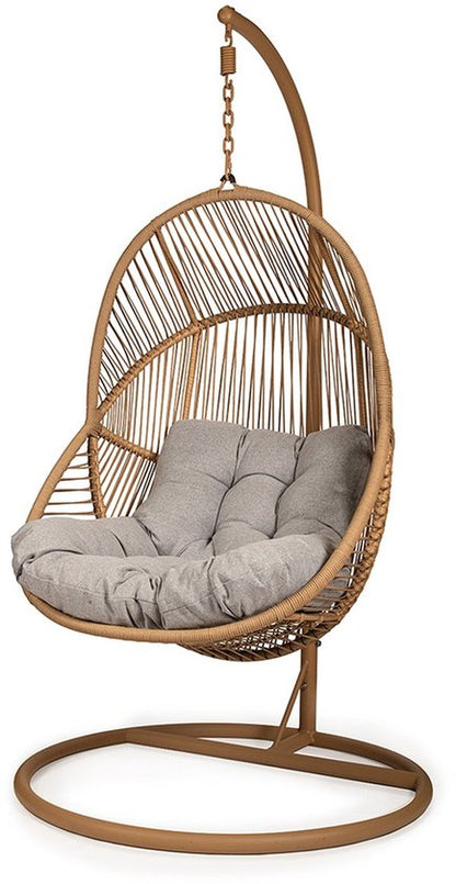 Ogarden Hangstoel Havana– Egg Chair met Bruin Standaard – Grijs Kussen – Voor Binnen & Buiten