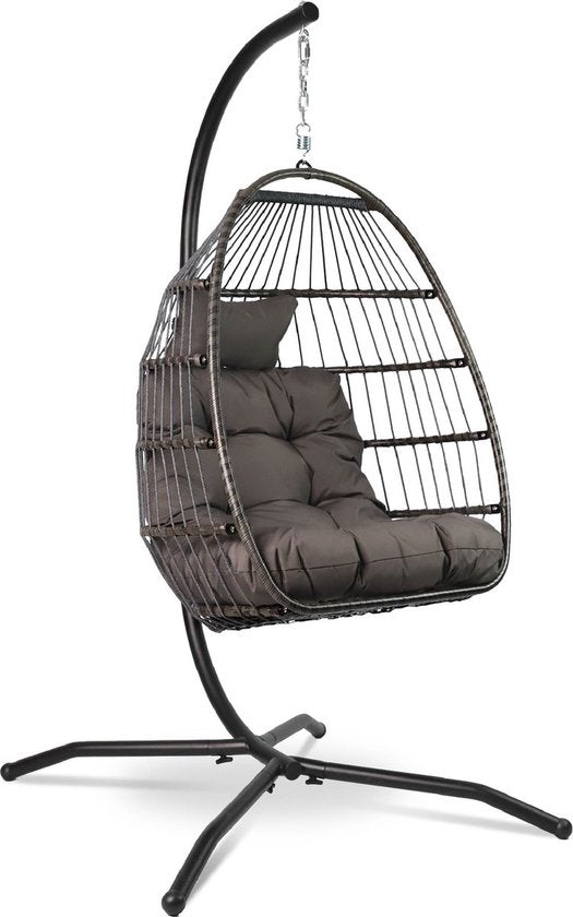Vita5 Egg Hangstoel – Binnen en Buiten – Cocoon Stoel - met Standaard - tot 150kg – Opvouwbaar - Incl. Kussen en Waterdichte Beschermhoes – Donkerbruin