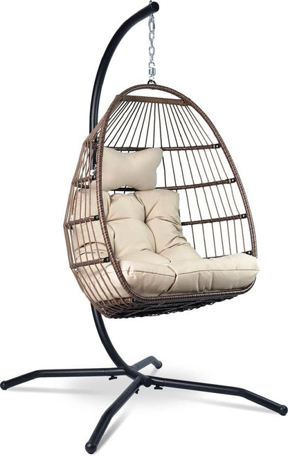 Vita5 Egg Hangstoel – Voor Binnen en Buiten – tot 150kg – Opvouwbaar - Incl. Standaard, Kussen en Waterdichte Beschermhoes – Cocoon Stoel - Crème Wit