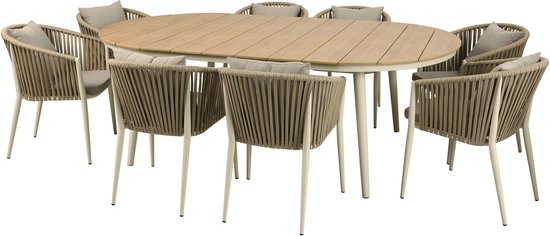 AXI Chay Tuinset met 8 stoelen Houtlook/beige – Gepoedercoat aluminium frame – 8 Personen - Diningset met kussens voor balkon, tuin en terras - Weerbestendig