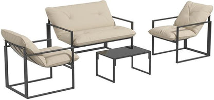 Pugsdrly Tuinsets, 1 glazen tafel, 2 fauteuils, 1 bank, weerbestendig, 114 cm x 70 cm x 67 cm, grijs + beige