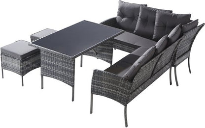 Poly rotan zitgroep eettafel lounge tuinmeubelen - zitsets tuinset - tuinlounge voor 7 personen - grijs