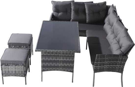Poly rotan zitgroep eettafel lounge tuinmeubelen - zitsets tuinset - tuinlounge voor 7 personen - grijs