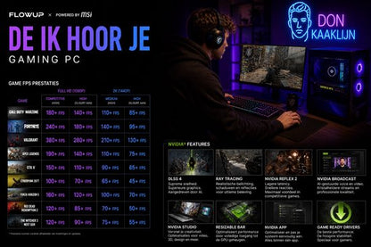 FlowUp x Powered By MSI - De Ik hoor je Gaming PC - Don Kaaklijn - Ryzen 5 - RTX 5060 - 32 GB RAM - 1 TB SSD - Waterkoeling