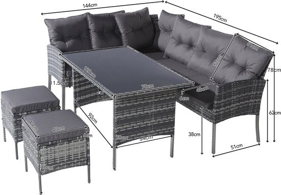 Poly rotan zitgroep eettafel lounge tuinmeubelen - zitsets tuinset - tuinlounge voor 7 personen - grijs