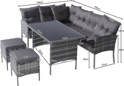 Poly rotan zitgroep eettafel lounge tuinmeubelen - zitsets tuinset - tuinlounge voor 7 personen - grijs