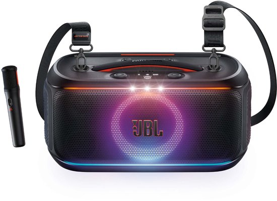 JBL PartyBox On The Go 2 – Draagbare Bluetooth Speaker - Met Draadloze Microfoon - Handige Schouderriem - LED verlichting - Spatwaterdicht - Zwart