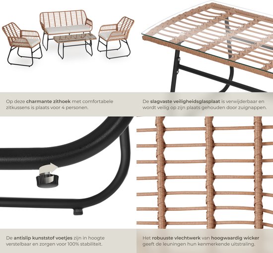 tectake® Bistroset Molfetta XL - Tuinset voor 4 Personen - Weerbestendige Loungeset - 2 Tuinstoelen, Tuinbank en Tuinafel - Inclusief comfortabele Kussens - Zitgroep voor Tuin, Balkon en Terras