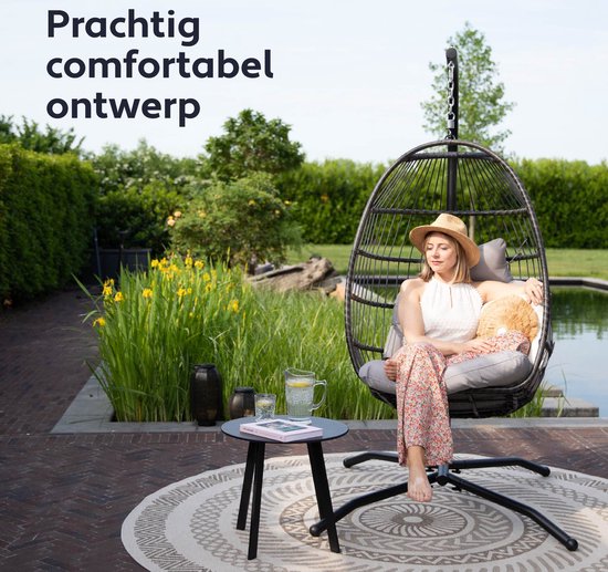 Vita5 Egg Hangstoel – Met Standaard – Binnen en Buiten – Cocoon Stoel - Opvouwbaar - Tot 150kg – Incl. Kussen en Waterdichte Beschermhoes – Lichtgrijs