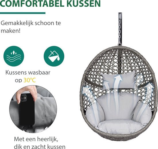 Hangstoel Sydney - Bruin / Grijs Wicker - Zwart Frame - Grijze kussens - Basketmaat 82*65*110CM-voor Buiten en Binnen