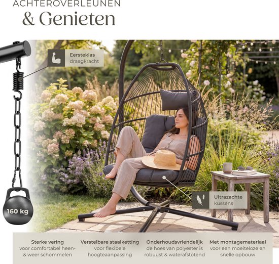 tectake® Luxe Hangstoel - Opvouwbare en draaibare Egg Chair met Standaard - Dikke Kussens - Antislipvoeten - Inclusief Beschermhoes - Ideaal voor Tuin, Terras en Slaapkamer - Donkergrijs