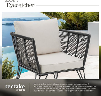 tectake® Loungestoelen Sundo - 4 Fauteuils voor Tuinset, Balkonset of Terras - Wicker Tuinstoelen Set in Rope-Design - Weerbestendig - Inclusief Kussens - Loungestoel Buiten - Loungeset Tuinmeubels