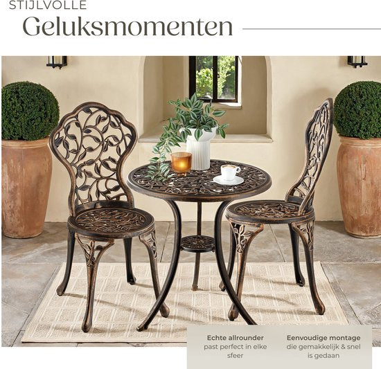 tectake® 2-Persoons Bistroset - Vintage Bistrotafel met 2 Bistrostoeltjes - Aluminium Bistro Set voor Tuin, Terras of Balkon - Weerbestendig - Bronskleurig