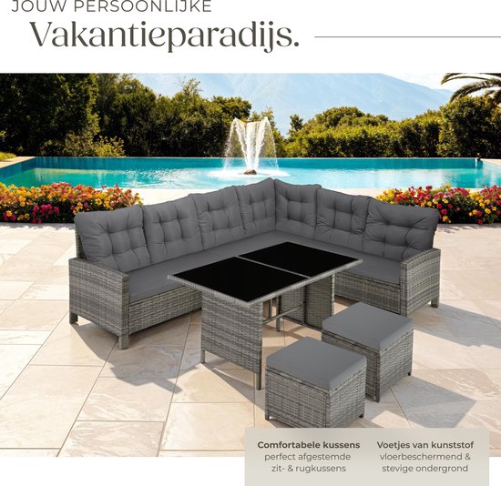 tectake® Loungeset Barletta - 6 tot 8 Personen - Modulaire Tuinset met Loungebank, Kruk en Tuintafel - Tuinmeubels - Balkonmeubel - 5-delige Zitgroep - Inclusief Kussens - Ideaal voor Tuin, Terras en Balkon - Beige met Grijze Kussens
