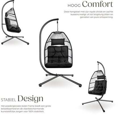 tectake® Luxe Hangstoel - Opvouwbare en draaibare Egg Chair met Standaard - Dikke Kussens - Antislipvoeten - Inclusief Beschermhoes - Ideaal voor Tuin, Terras en Slaapkamer - Zwart