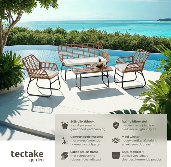 tectake® Bistroset Molfetta XL - Tuinset voor 4 Personen - Weerbestendige Loungeset - 2 Tuinstoelen, Tuinbank en Tuinafel - Inclusief comfortabele Kussens - Zitgroep voor Tuin, Balkon en Terras