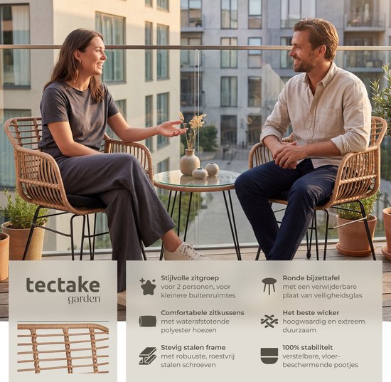 tectake® Tuinset Molfetta - Outdoor Wicker Zitgroep - Meubel voor 2 Personen - 3-delige Bistroset - Balkonmeubel - Tuinmeubelset met 2 Stoelen + Tafel - Kleine Weerbestendige Lounge voor Tuin, Balkon, Terras