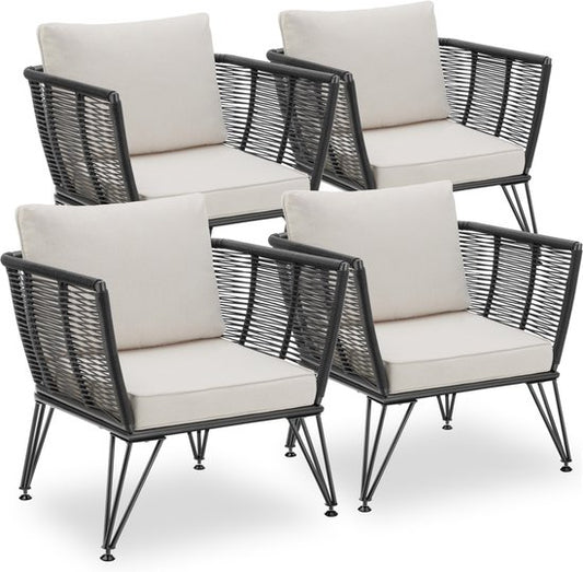 tectake® Loungestoelen Sundo - 4 Fauteuils voor Tuinset, Balkonset of Terras - Wicker Tuinstoelen Set in Rope-Design - Weerbestendig - Inclusief Kussens - Loungestoel Buiten - Loungeset Tuinmeubels