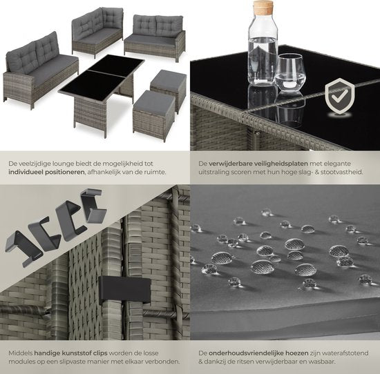 tectake® Loungeset Barletta - 6 tot 8 Personen - Modulaire Tuinset met Loungebank, Kruk en Tuintafel - Tuinmeubels - Balkonmeubel - 5-delige Zitgroep - Inclusief Kussens - Ideaal voor Tuin, Terras en Balkon - Beige met Grijze Kussens