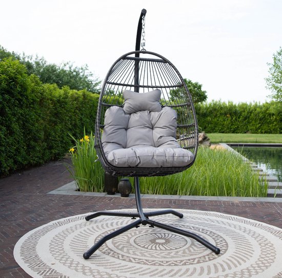 Vita5 Egg Hangstoel – Met Standaard – Binnen en Buiten – Cocoon Stoel - Opvouwbaar - Tot 150kg – Incl. Kussen en Waterdichte Beschermhoes – Lichtgrijs