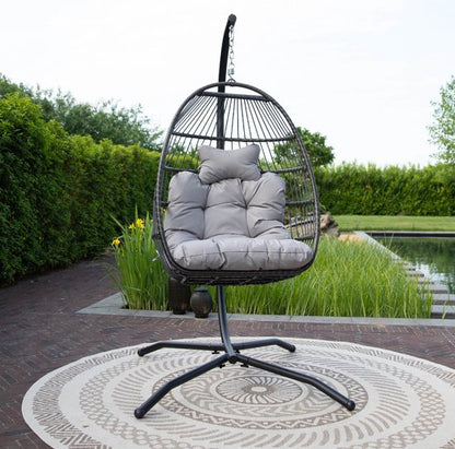 Vita5 Egg Hangstoel – Met Standaard – Binnen en Buiten – Cocoon Stoel - Opvouwbaar - Tot 150kg – Incl. Kussen en Waterdichte Beschermhoes – Lichtgrijs