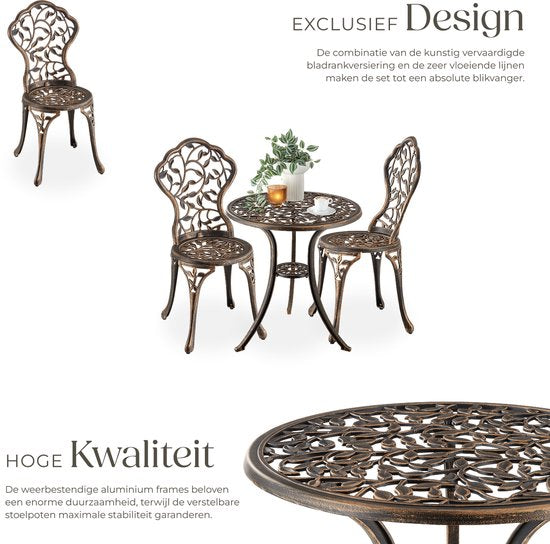 tectake® 2-Persoons Bistroset - Vintage Bistrotafel met 2 Bistrostoeltjes - Aluminium Bistro Set voor Tuin, Terras of Balkon - Weerbestendig - Bronskleurig