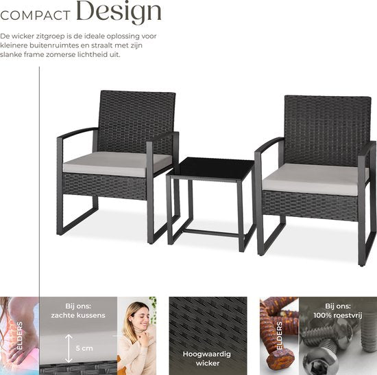 tectake® Tuinset Granada - Voor 2 Personen - 2 Loungestoelen met Bijzettafel - Wicker Zitgroep met Tuinstoelen en Tafel - Balkonmeubelset - Gestoffeerde Weerbestendige Stoelen inclusief Buitentuintafel - Zwart