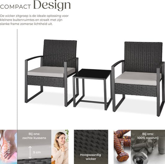 tectake® Tuinset Granada - Voor 2 Personen - 2 Loungestoelen met Bijzettafel - Wicker Zitgroep met Tuinstoelen en Tafel - Balkonmeubelset - Gestoffeerde Weerbestendige Stoelen inclusief Buitentuintafel - Zwart