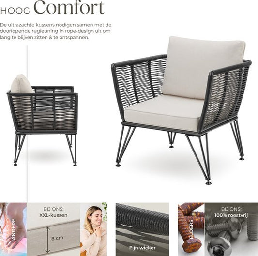 tectake® Loungestoelen Sundo - 2 Fauteuils voor Tuinset, Balkonset of Terras - Wicker Tuinstoelen Set in Rope-Design - Weerbestendig - Inclusief Kussens - Loungestoel Buiten - Loungeset Tuinmeubels