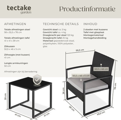 tectake® Tuinset Granada - Voor 2 Personen - 2 Loungestoelen met Bijzettafel - Wicker Zitgroep met Tuinstoelen en Tafel - Balkonmeubelset - Gestoffeerde Weerbestendige Stoelen inclusief Buitentuintafel - Zwart