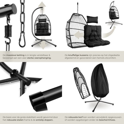 tectake® Luxe Hangstoel - Opvouwbare en draaibare Egg Chair met Standaard - Dikke Kussens - Antislipvoeten - Inclusief Beschermhoes - Ideaal voor Tuin, Terras en Slaapkamer - Zwart
