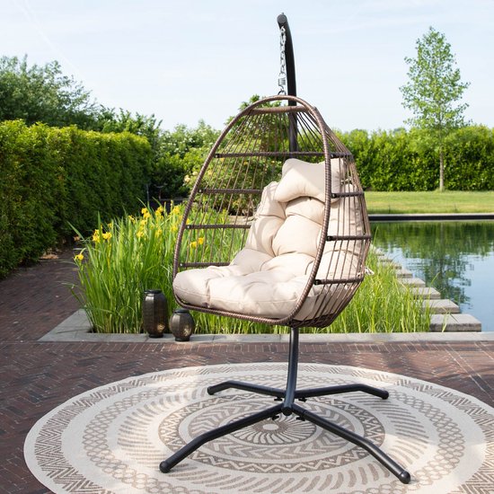 Vita5 Egg Hangstoel – Voor Binnen en Buiten – tot 150kg – Opvouwbaar - Incl. Standaard, Kussen en Waterdichte Beschermhoes – Cocoon Stoel - Crème Wit