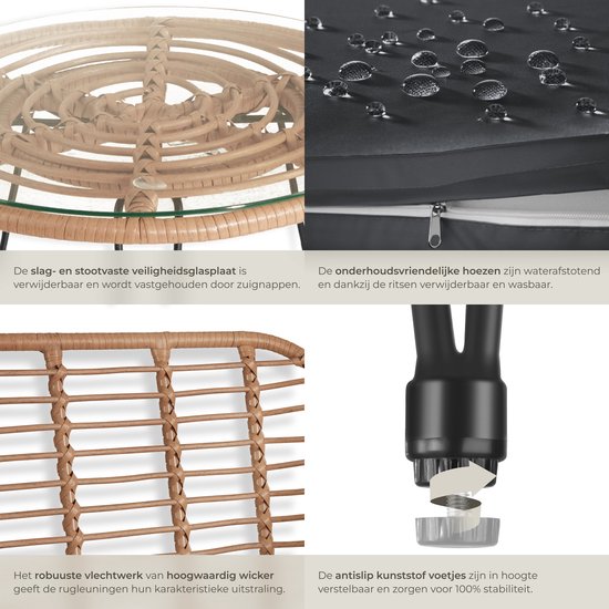 tectake® Tuinset Molfetta - Outdoor Wicker Zitgroep - Meubel voor 2 Personen - 3-delige Bistroset - Balkonmeubel - Tuinmeubelset met 2 Stoelen + Tafel - Kleine Weerbestendige Lounge voor Tuin, Balkon, Terras