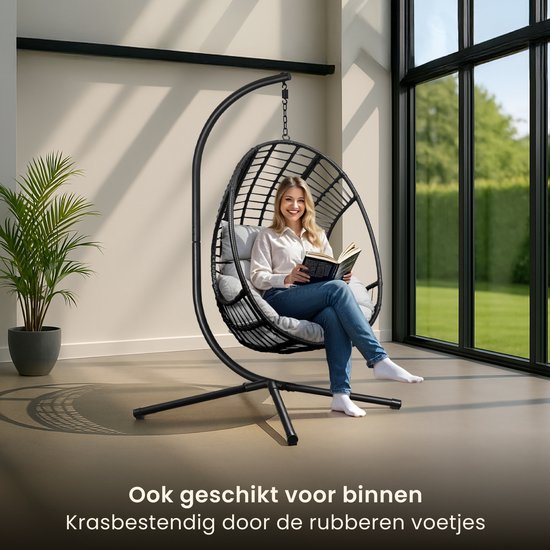 Swoods XXL Egg Hangstoel – Hangstoel met standaard – Egg Chair – tot 150kg – Lichtgrijs