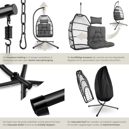 tectake® Luxe Hangstoel - Opvouwbare en draaibare Egg Chair met Standaard - Dikke Kussens - Antislipvoeten - Inclusief Beschermhoes - Ideaal voor Tuin, Terras en Slaapkamer - Donkergrijs