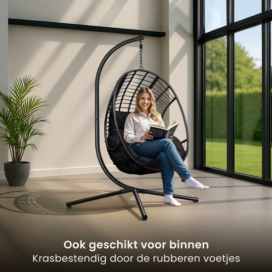 Swoods XXL Egg Hangstoel – Hangstoel met standaard – Egg Chair – tot 150kg - Zwart
