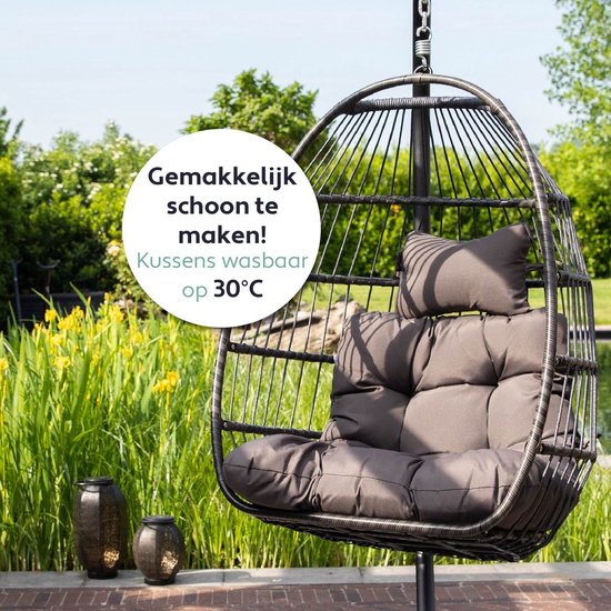 Vita5 Egg Hangstoel – Binnen en Buiten – Cocoon Stoel - met Standaard - tot 150kg – Opvouwbaar - Incl. Kussen en Waterdichte Beschermhoes – Donkerbruin