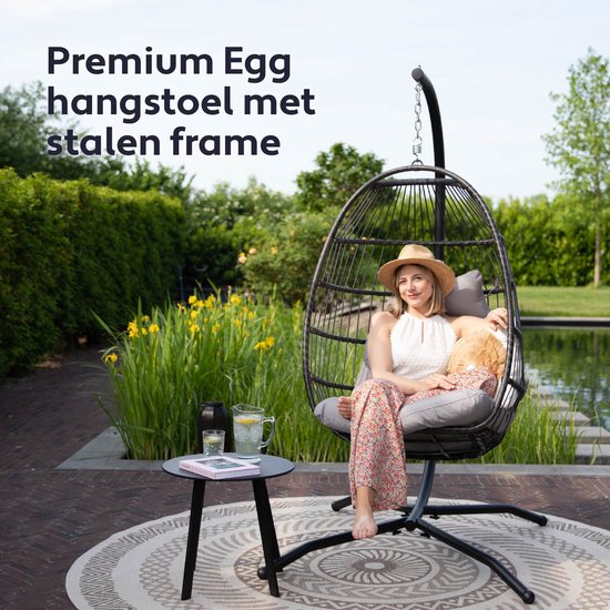 Vita5 Egg Hangstoel – Met Standaard – Binnen en Buiten – Cocoon Stoel - Opvouwbaar - Tot 150kg – Incl. Kussen en Waterdichte Beschermhoes – Lichtgrijs