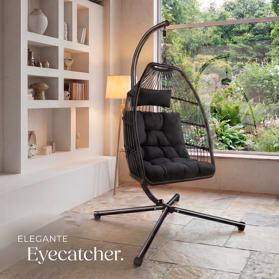 tectake® Luxe Hangstoel - Opvouwbare en draaibare Egg Chair met Standaard - Dikke Kussens - Antislipvoeten - Inclusief Beschermhoes - Ideaal voor Tuin, Terras en Slaapkamer - Zwart