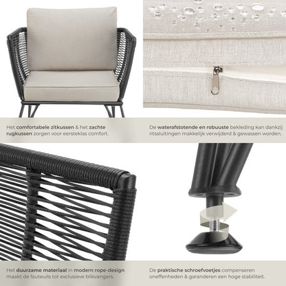 tectake® Loungestoelen Sundo - 4 Fauteuils voor Tuinset, Balkonset of Terras - Wicker Tuinstoelen Set in Rope-Design - Weerbestendig - Inclusief Kussens - Loungestoel Buiten - Loungeset Tuinmeubels
