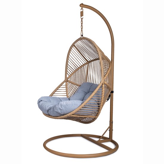 Ogarden Hangstoel Havana– Egg Chair met Bruin Standaard – Grijs Kussen – Voor Binnen & Buiten