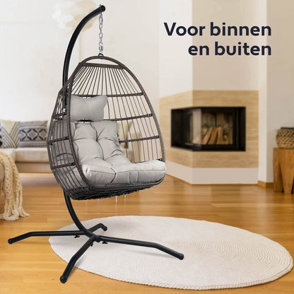 Vita5 Egg Hangstoel – Met Standaard – Binnen en Buiten – Cocoon Stoel - Opvouwbaar - Tot 150kg – Incl. Kussen en Waterdichte Beschermhoes – Lichtgrijs